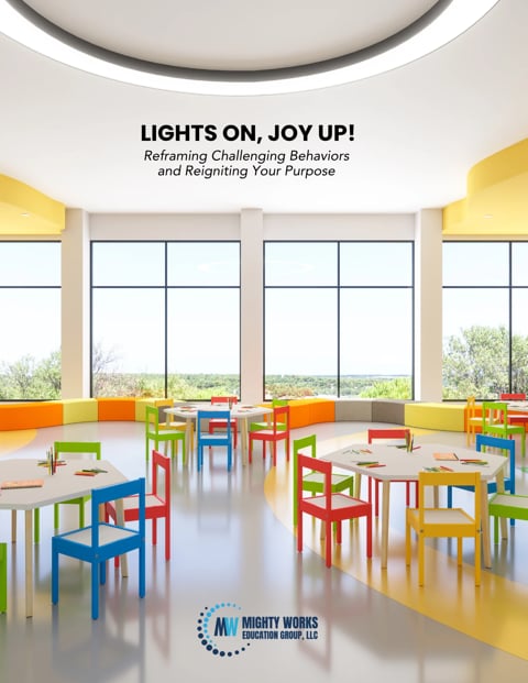 Bright classroom with colorful furniture and large windows overlooking landscape, featuring title Lights On, Joy Up!