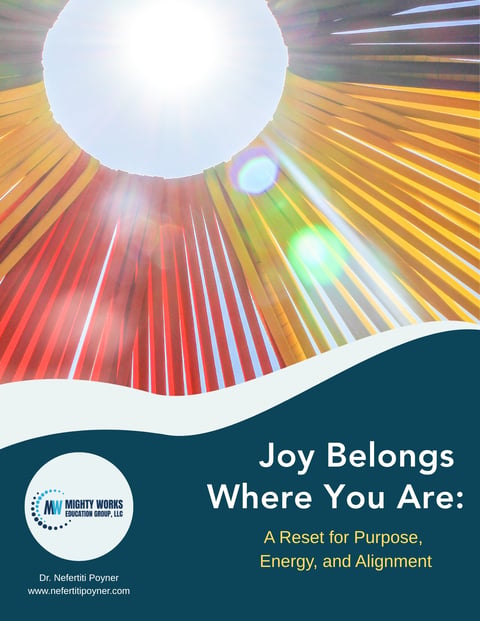 Book cover with bright sun rays and colorful gradient background titled Joy Belongs Where You Are, featuring author Dr. Nefertiti Poyner