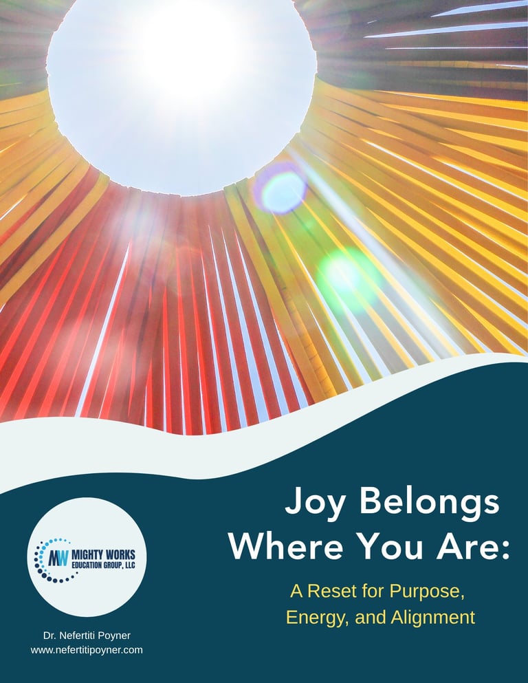 Book cover with bright sun rays and colorful gradient background titled Joy Belongs Where You Are, featuring author Dr. Nefertiti Poyner